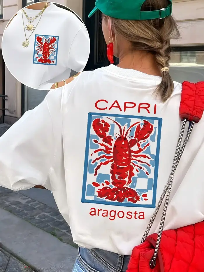 T-shirt graphique italien Capri Aragosta pour femme, imprimé homard, esthétique rétro, tendance, pou