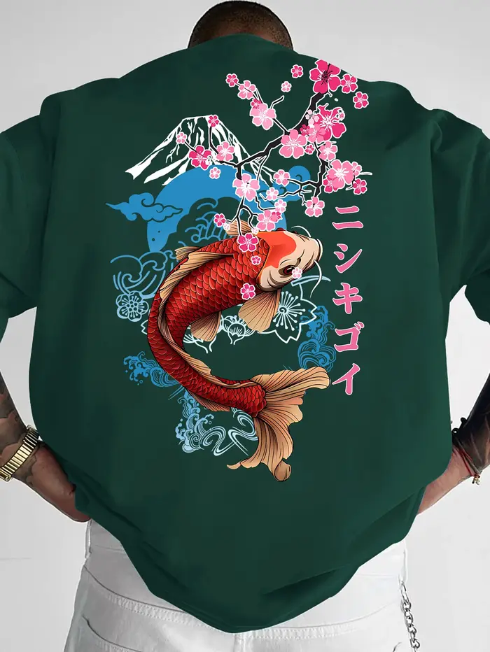 T-shirt à imprimé graphique Sakura et poisson Koi pour homme