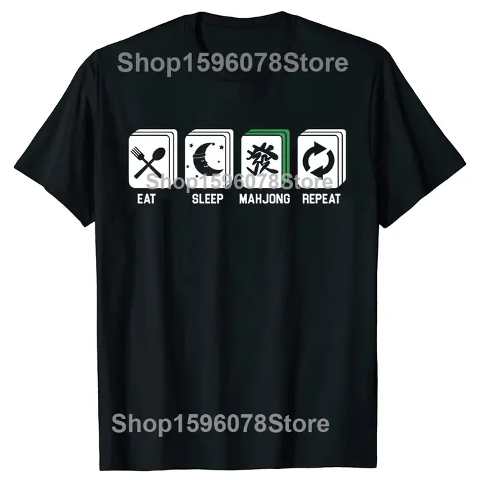 T-shirt humoristique « Manger, dormir, jouer au Mahjong » avec tuiles de Mahjong, jeu de société chinois, coupe ample, pour hommes et femmes, manches courtes