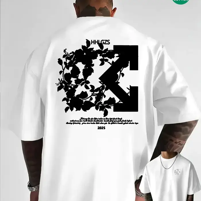 T-shirt Homme Imprimé Floral Flèche 100% Coton Grande Taille Respirant Décontracté Streetwear – Nouvelle Collection Promotionnelle