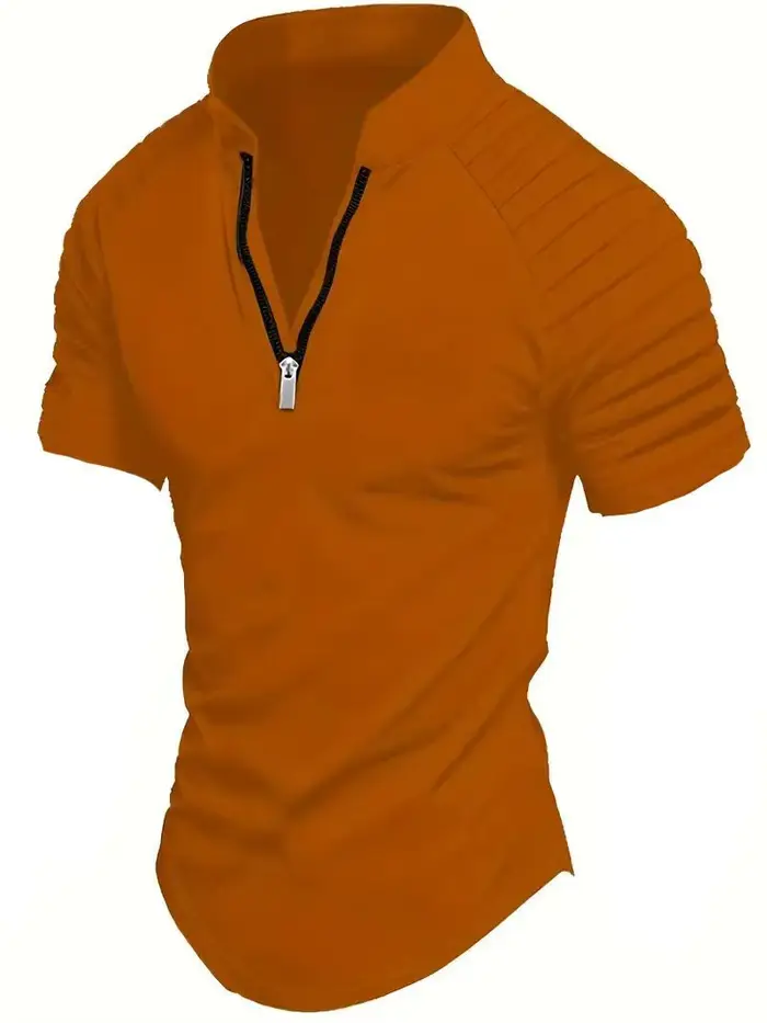 POLO pour hommes printemps sport couleur unie col montant plissé fermeture éclair respirant décontracté été haut tendance à manches courtes