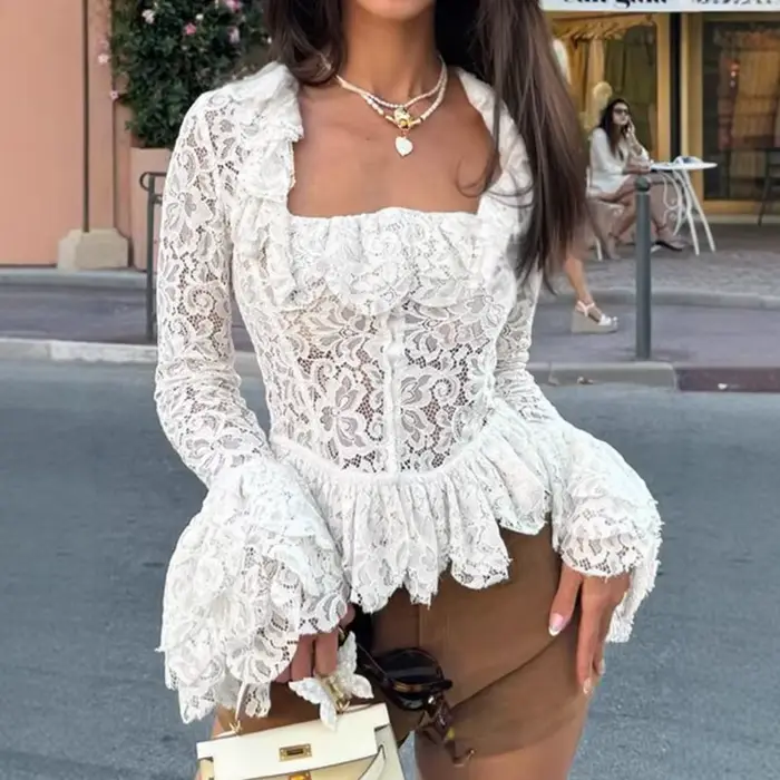T-shirt décontracté à manches longues et col carré en dentelle pour femmes françaises