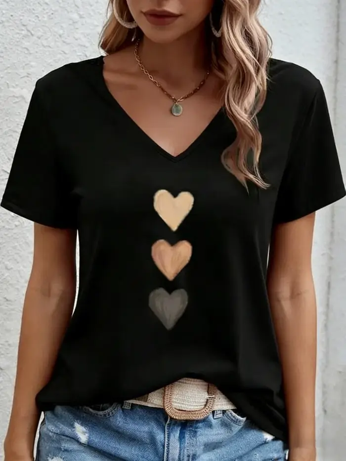 T-shirt pour femme col en V à manches courtes, imprimé cœur dégradé, coupe ample, doux, décontracté, mignon, respirant, idéal pour le printemps, l'été et les soirées