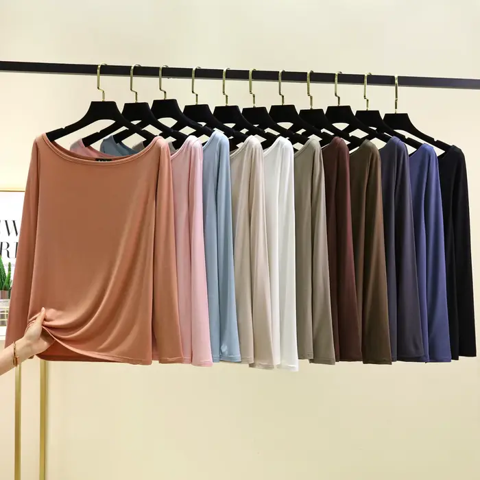 Modal col bateau t-shirts manches longues femmes coupe ajustée T-Shirt couleur unie couche de Base haut maillot de