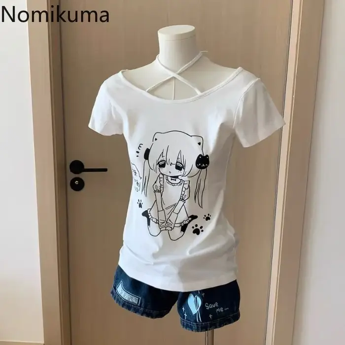 Femmes blanches t-shirts Y2k hauts 2025 Ropa Mujer manches courtes col rond