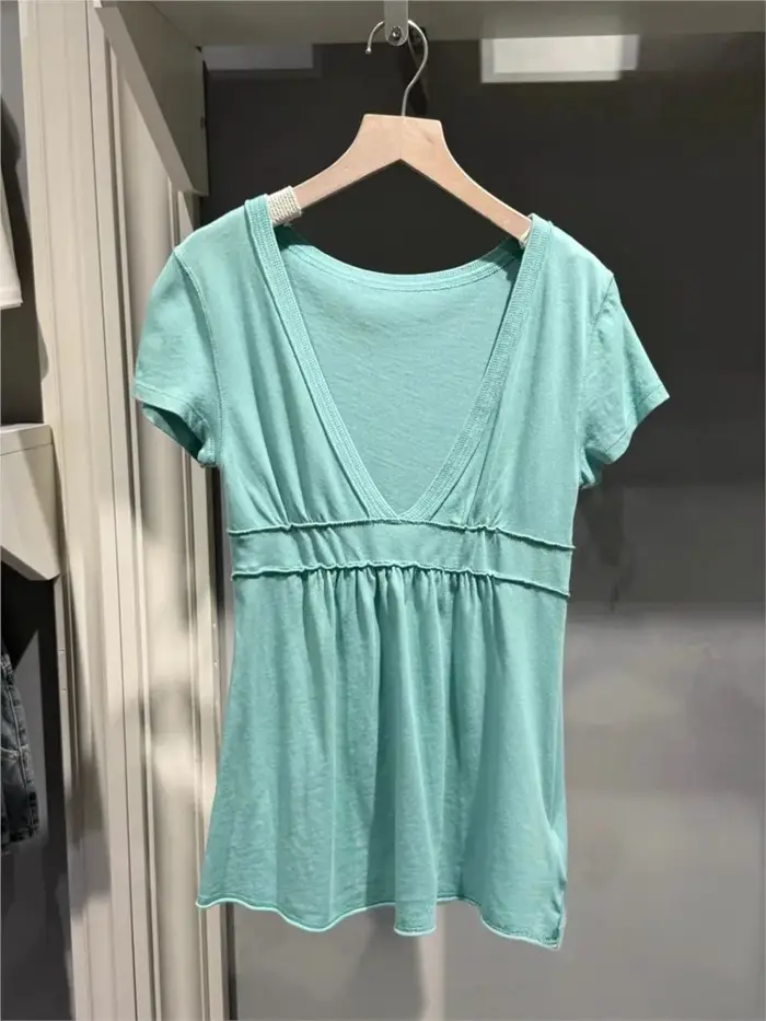 T-shirts femme col en V profond turquoise