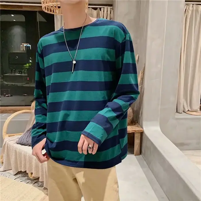 T-Shirt rayé à manches longues pour hommes, haut ample et décontracté pour étudiants adolescents, mode printemps automne, Streetwear