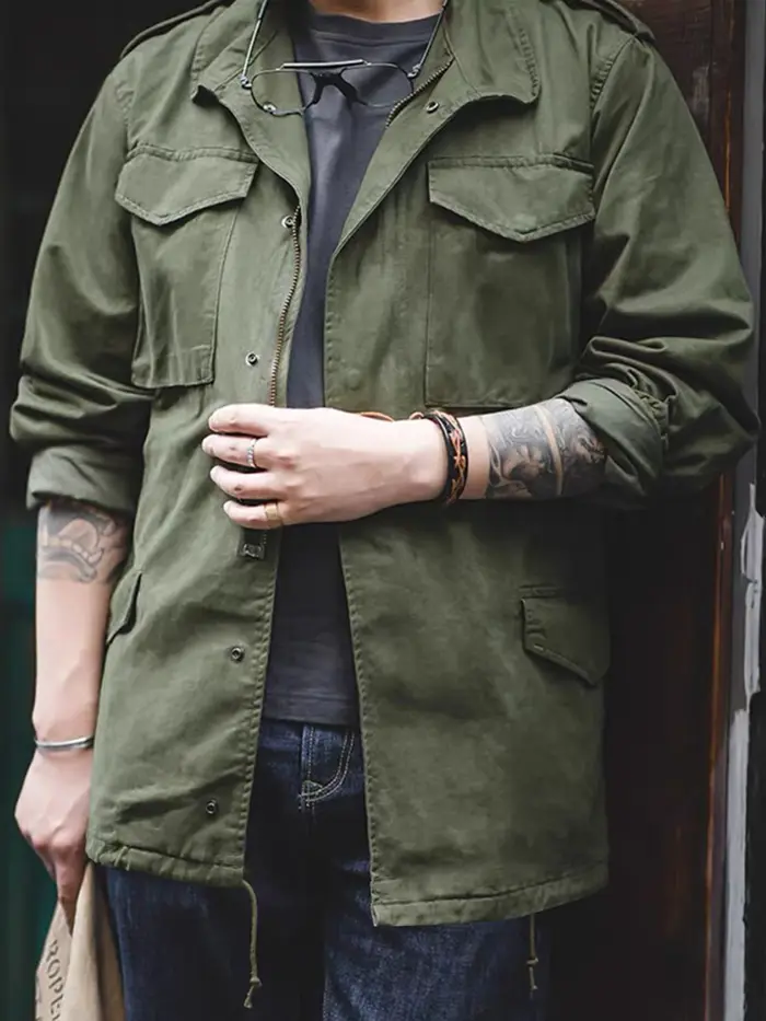 Veste de terrain M65, veste militaire pour hommes, veste rétro à col multi-poches avec fermeture éclair, 100% coton