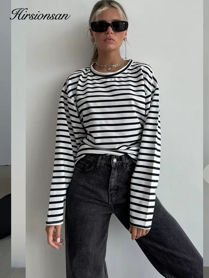 Hirsionsan – t-shirt rayé à manches longues pour femmes, 2023 coton, surdimensionné, décontracté, Ch