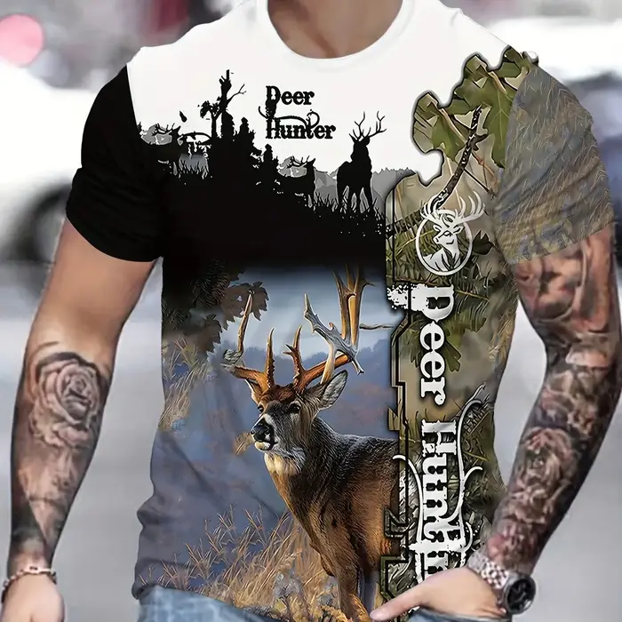 T-shirt décontracté pour homme à imprimé 3D cerf, col rond, manches courtes, style camouflage, motif graphique, hauts de mode pour l'extérieur