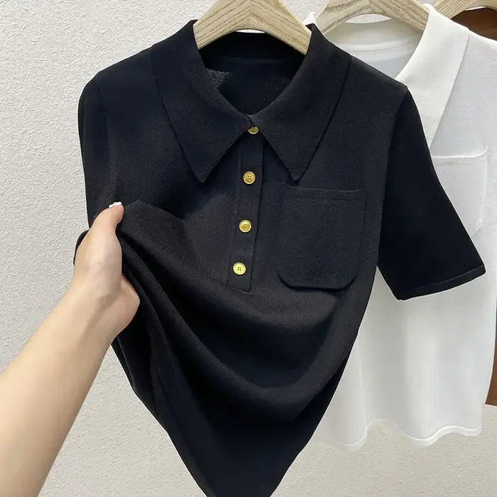 T-shirt POLO élégant à manches courtes, poches amples, Design, chemisiers d'été fins pour femmes, vê
