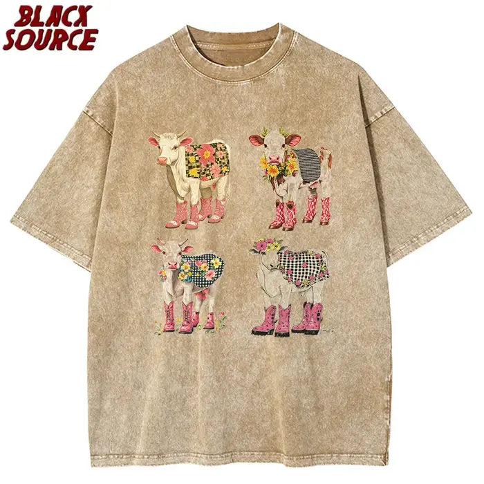 T078 T-Shirt imprimé vache de dessin animé mignon pur coton lavé épaule col rond Style neutre mode tendance nouveau court de haute qualité