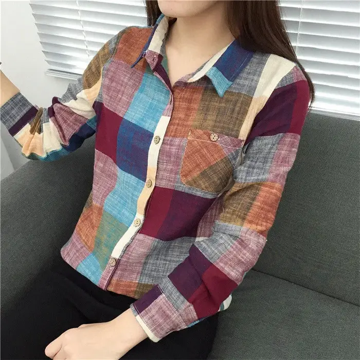 Chemise à carreaux en coton et lin pour femmes