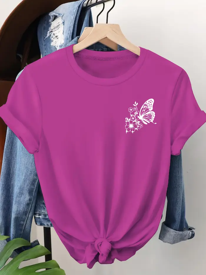 Orange vif avec papillon blanc imprimé T-shirt fille dessin animé unisexe hauts à manches courtes Streetwear femmes col rond t-shirts femme