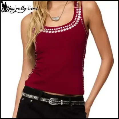 [You're My Secret] Débardeur Noir Femme Tendance Style Punk avec Rivets