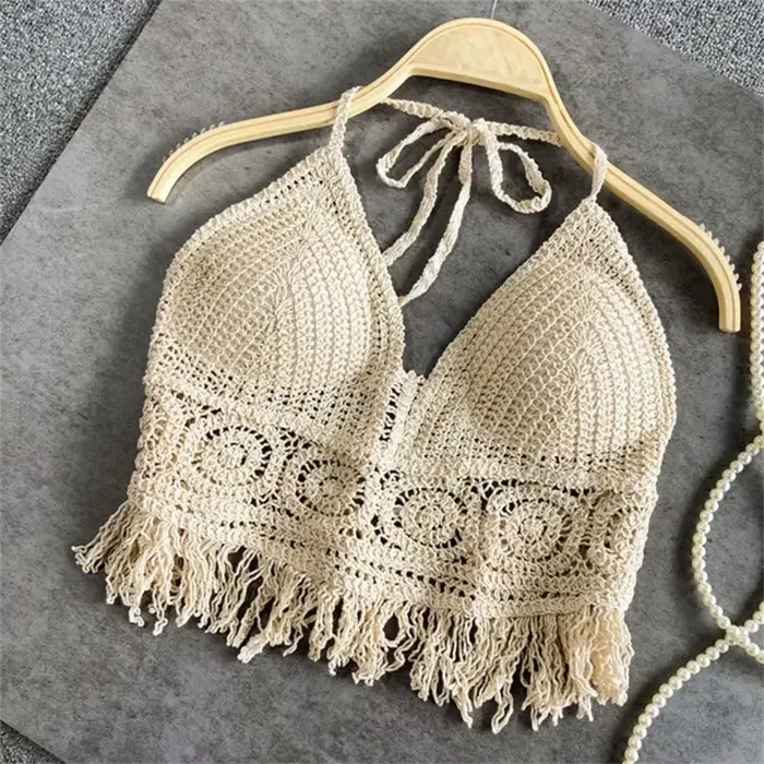 Femmes été plage Boho culture hauts Sexy Y2K tricoté dos nu évider débardeurs Crochet glands ourlet licou soutiens-gorge haut bustier