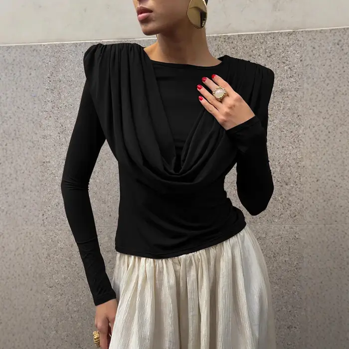 Haut élégant à col drapé pour femme, manches longues, tricot doux, coupe ajustée, t-shirt basique po