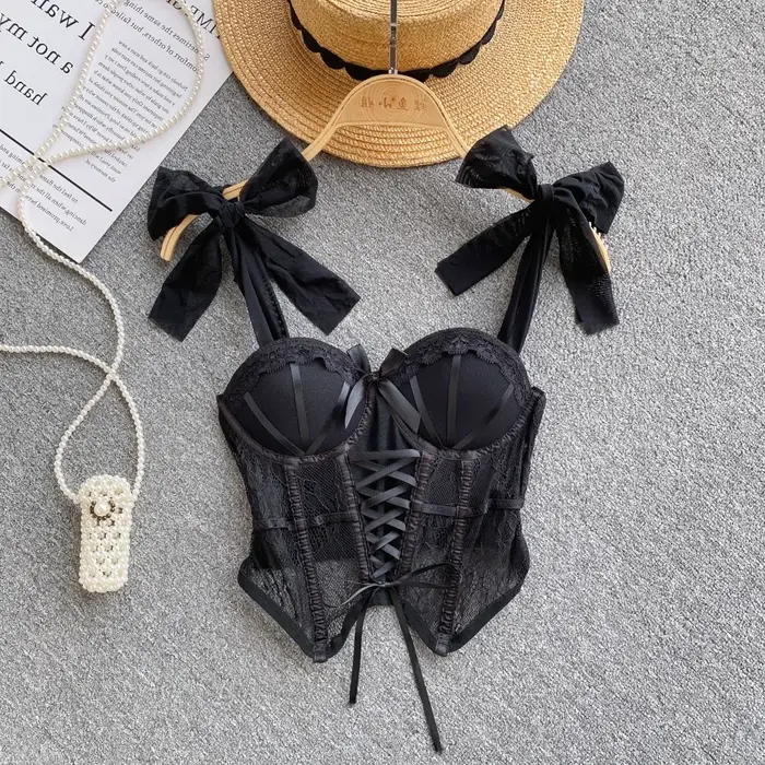 Spaghetti sangle débardeur pour femmes sans bretelles intégré soutien-gorge dentelle patchwork Tulle nœud Camis été
