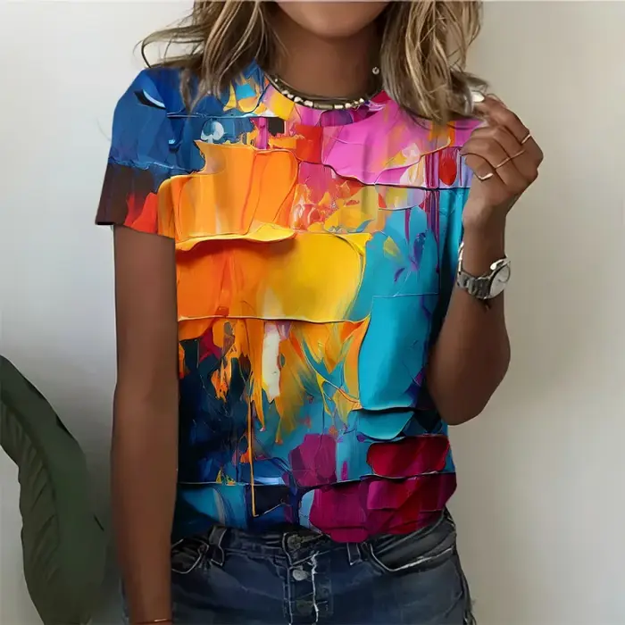 T-shirt manches courtes col rond femme, ample, imprimé en 3D, Fruits colorés, baleine ciel étoilé, é