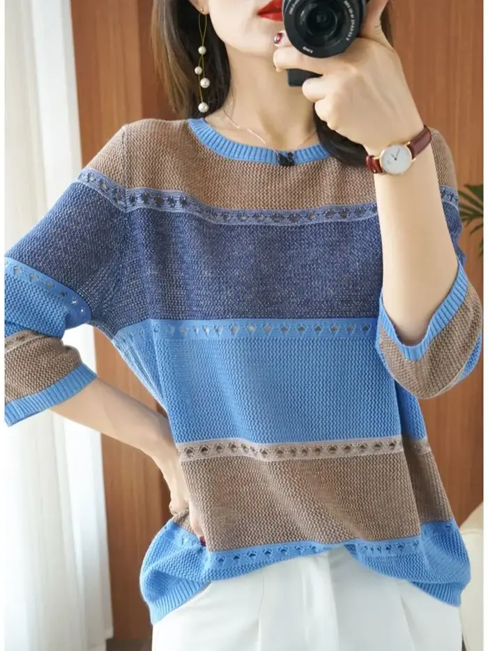 Pull fin tricoté à manches courtes pour femme