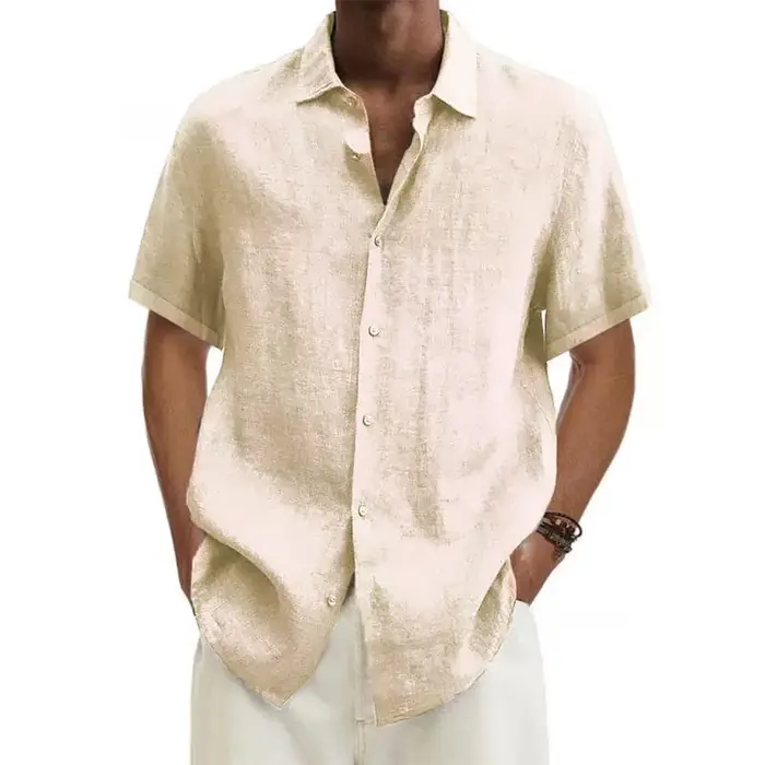 Chemises à manches courtes pour hommes, en coton et lin, couleur unie, col rabattu, décontracté, Sty