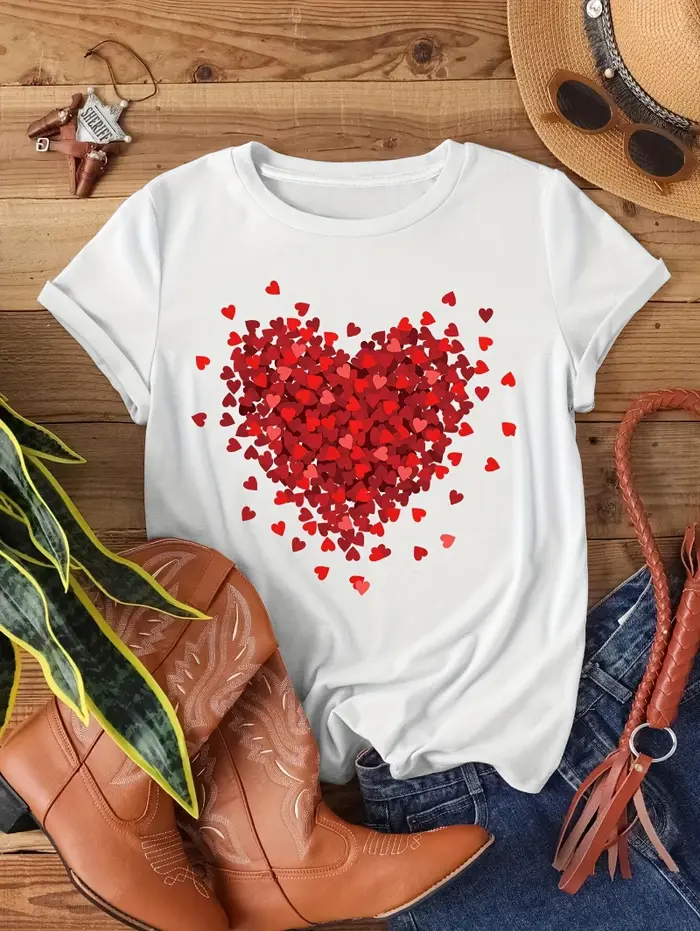 Coeurs rouges t-shirt femmes saint valentin amoureux T-shirts décontracté col rond doux hauts bases à manches courtes