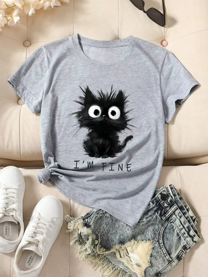2025 nouveau femmes mignon chat motif graphique à manches courtes T-Shirt col rond décontracté