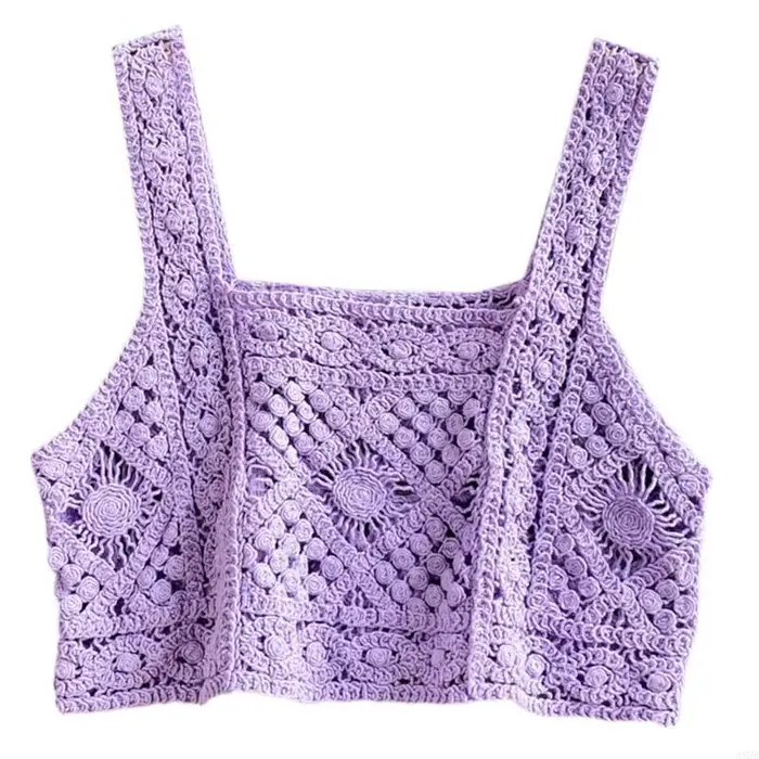 Femmes Crochet Sans Manches Récolte pour Débardeur Rétro Tricot Plaid Col Carré Pull 6XDA