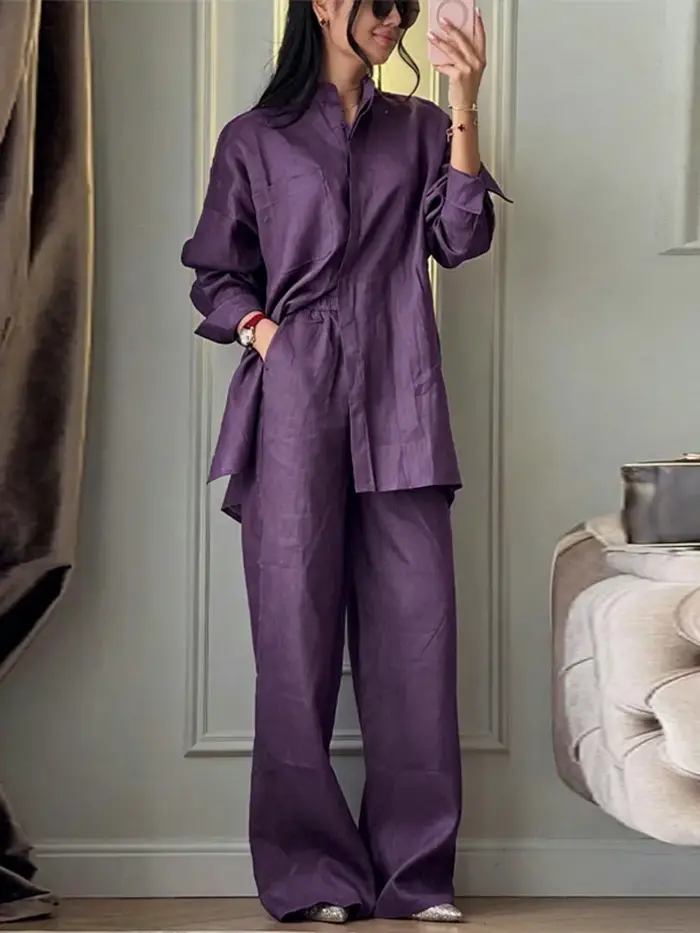 Ensemble pantalon femme style Old Money : chemise à col montant et manches longues