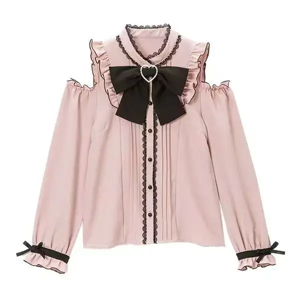 Chemisier Tendance Japonais Style Doux Blouses à Manches Longues avec Nœud pour Femme Y2K Tops de Fê