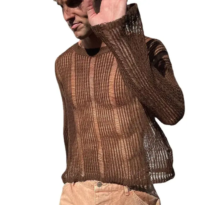 Hommes t-shirts nouvelle mode tissé couleur unie haut en maille tricot chemise mince à manches longues Sexy T-shirt