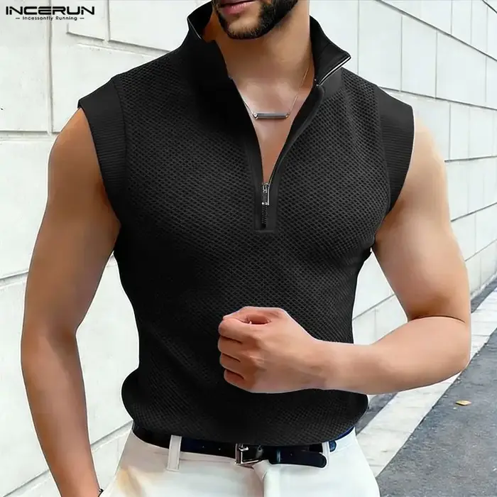 INCERUN Débardeurs Homme Évidés Transparents Été Streetwear Sexy Fermeture Éclair 2026 Tops Tendance Vêtements