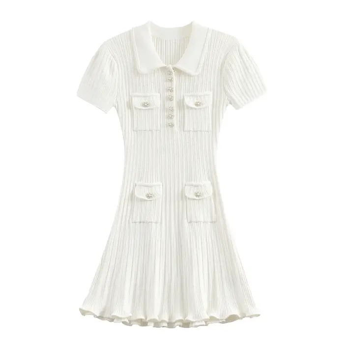 Marque Designer Polo robe tricotée femmes été à manches courtes simple boutonnage fleur bouton trico