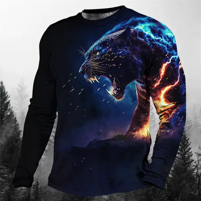 T-shirt à col rond imprimé animal léopard 3D pour hommes, manches longues, pull décontracté, vêtemen