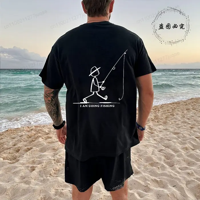 T-shirt graphique de pêche pour homme noir avec imprimé pêcheur devant et derrière – T-shirt d'été pour pêcheur – Hauts personnalisés pour homme
