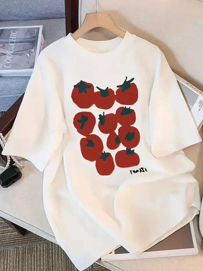 T-Shirt manches courtes femme, mignon imprimé tomate, haut graphique de fruits naturels, Kawaii, déc