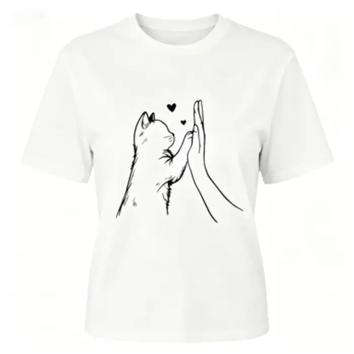 T-shirt, T-shirt graphique avec motif de chat mignon et de main en forme de cœur