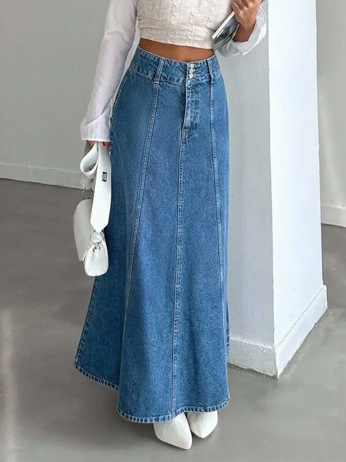Jupe midi longue en jean pour femme pour les saisons de printemps et d'automne. Convient pour diverses occasions telles