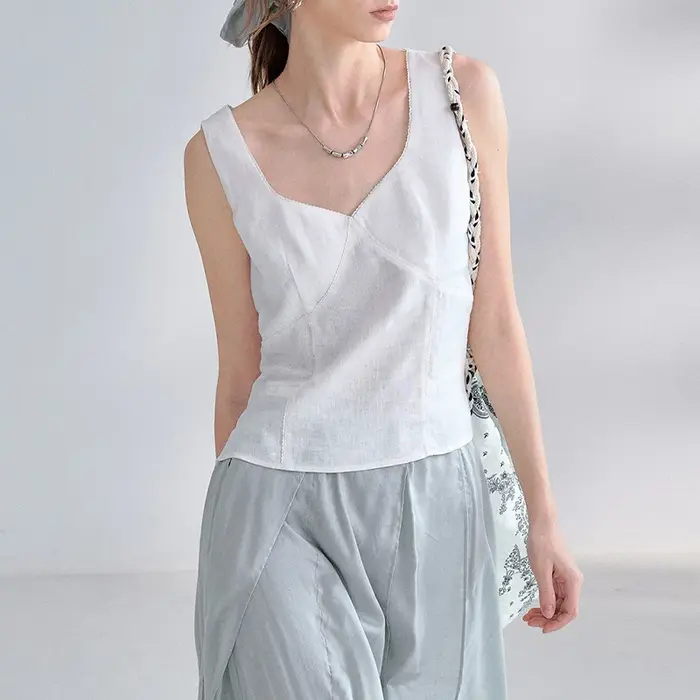 Nouveau débardeur élégant pour femme 100% lin à col en V et bordure en dentelle, sans manches, coupe