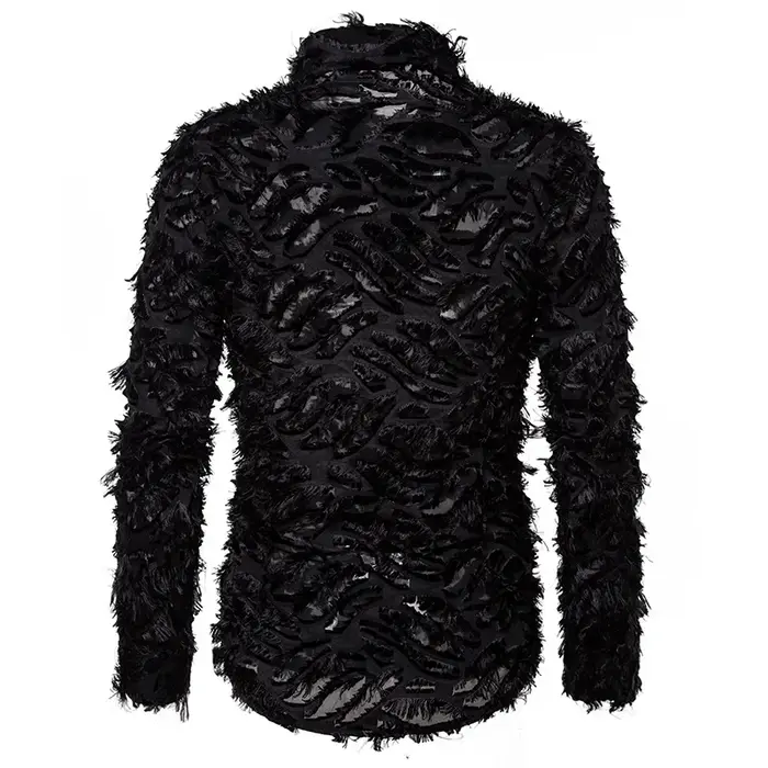 Chemise noire sexy à manches longues et plumes pour hommes