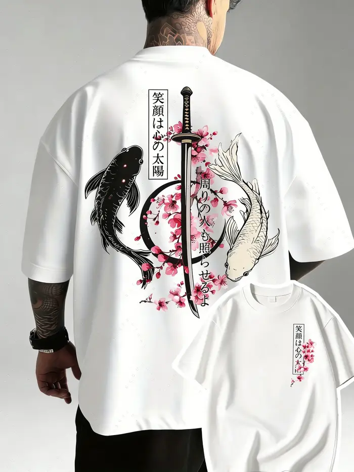 T-Shirt d'été en coton pour hommes, motif poisson Koi et épée de samouraï japonais Yin Yang, à manch