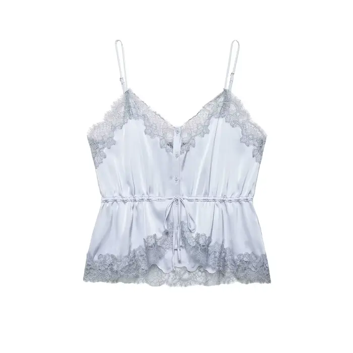 Débardeur en satin patchwork dentelle pour femme, style européen et américain, ajustable à la taille