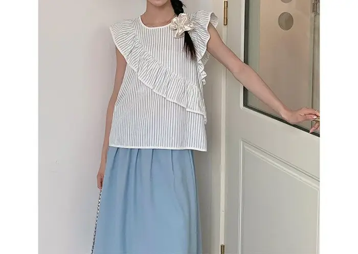Chemise rétro rayée à volants, nouvelle collection été 2026, haut à col rond