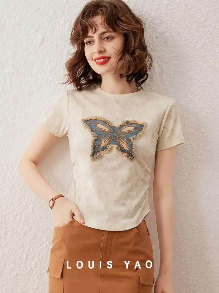 Modiis YAO-T-shirt à manches courtes et col rond pour femme, haut décontracté, pull, broderie délavée papillon, coupe couvertes, mode estivale, 2024