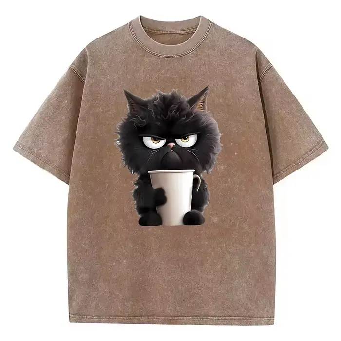 T-Shirt Vintage café chat lavé 100% coton T-Shirt graphique T-Shirt décontracté Streetwear printemps été