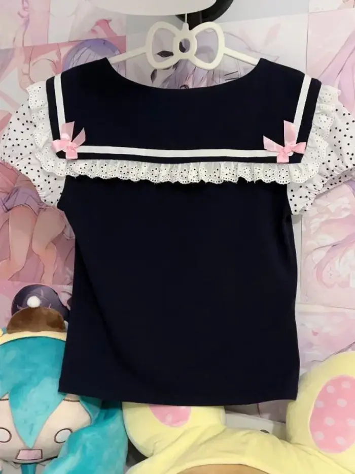 Japonais Y2k dentelle T-shirt femmes Kawaii dessin animé broderie graphique t-shirts Harajuku mode décontracté arc hauts