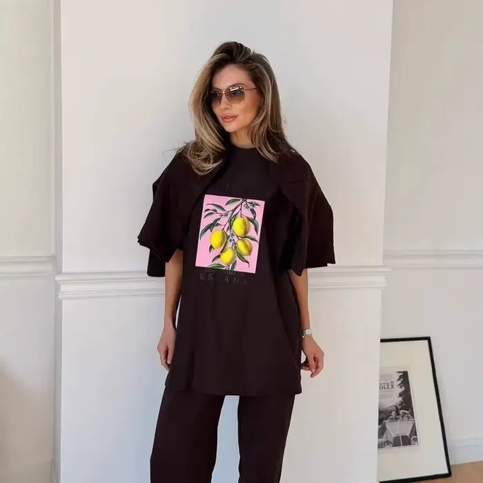 T-shirts imprimés fruits citron 100% coton femmes hauts graphiques vintage esthétique botanique streetwear t-shirts cottagecore surdimensionné