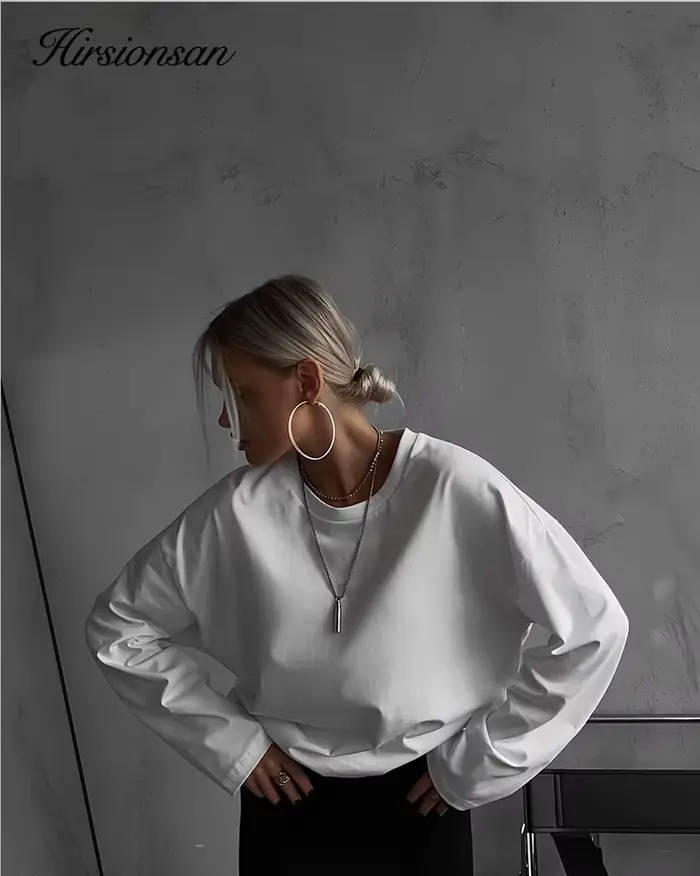 Hirsionsan-T-shirt basique à col rond pour femme, 100% coton, pull respirant, t-shirts personnalisés
