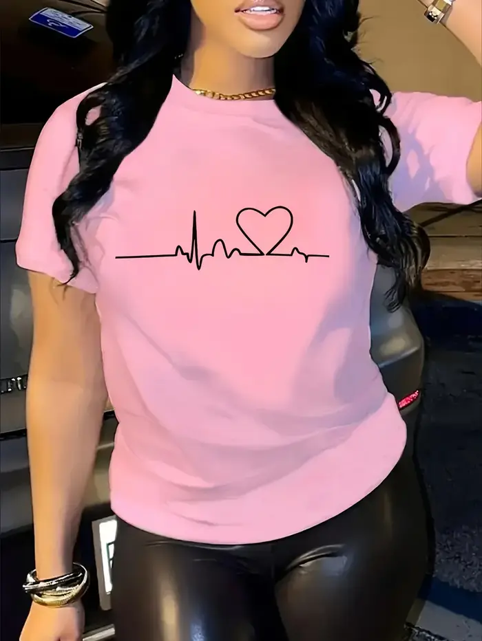 Coeur imprimé T-shirt à manches courtes col rond décontracté été été