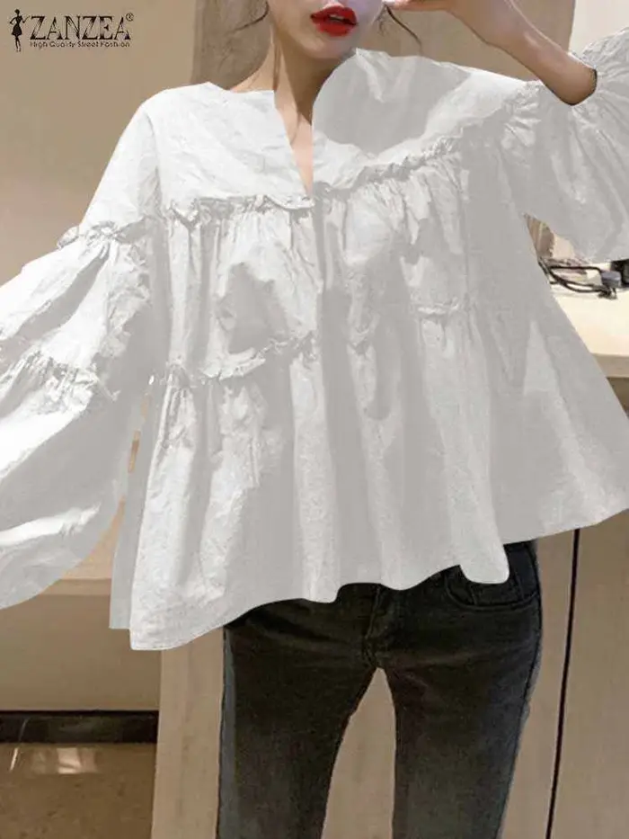 ZANZEA mode femmes à manches longues bouffantes Blouse automne printemps Eelgant chemise volants Blusas Femininas Mujer
